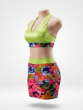 Neon Lime Sports Bra & Floral Skirt Set